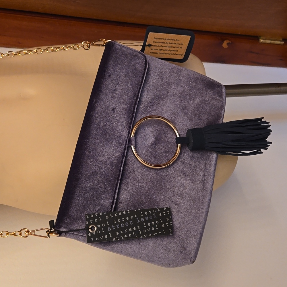 Anthropologie Street Level Grey Suede Purse with Gold Chain Strap - NWT